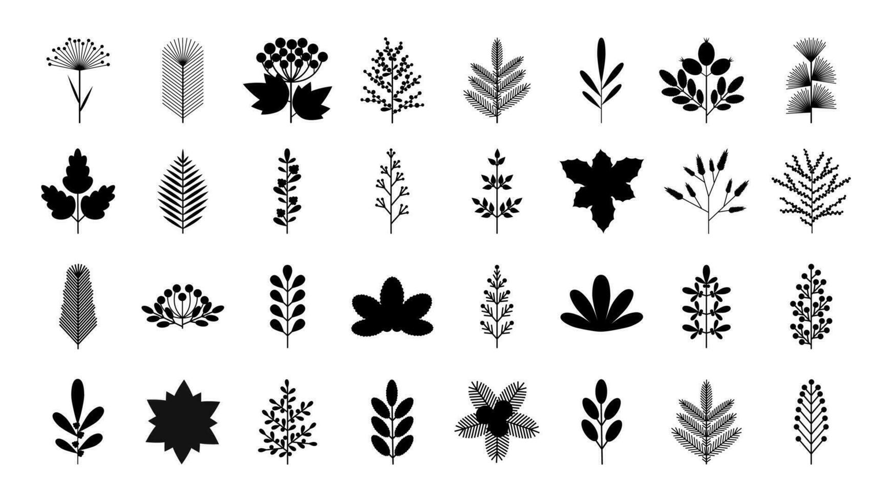 A big collection of silhouette floral design elements in a simple flat style. Set of flower, berry and leaf in black color. Suitable for creating banners and patterns. Vector illustration isolated.