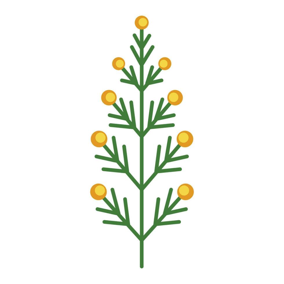 Simple minimalistic bright green branch with leaves and yellow berries. Flower collection of colorful plants for seasonal decoration . Stylized icons of botany. Stock vector illustration in flat style