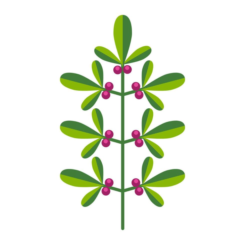 Simple minimalistic bright green branch with leaf and pink berries. Flower collection of colorful plants for seasonal decoration . Stylized icons of botany. Stock vector illustration in flat style