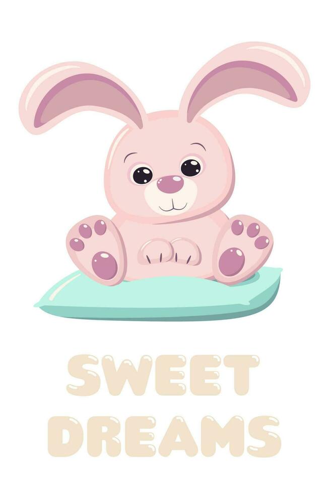 Happy Easter cute pink bunny rabbit on the blue pillow with the text Sweet Dreams. A greeting card or banner of bright colors. Vector illustration in flat cartoon style isolated on a white background.