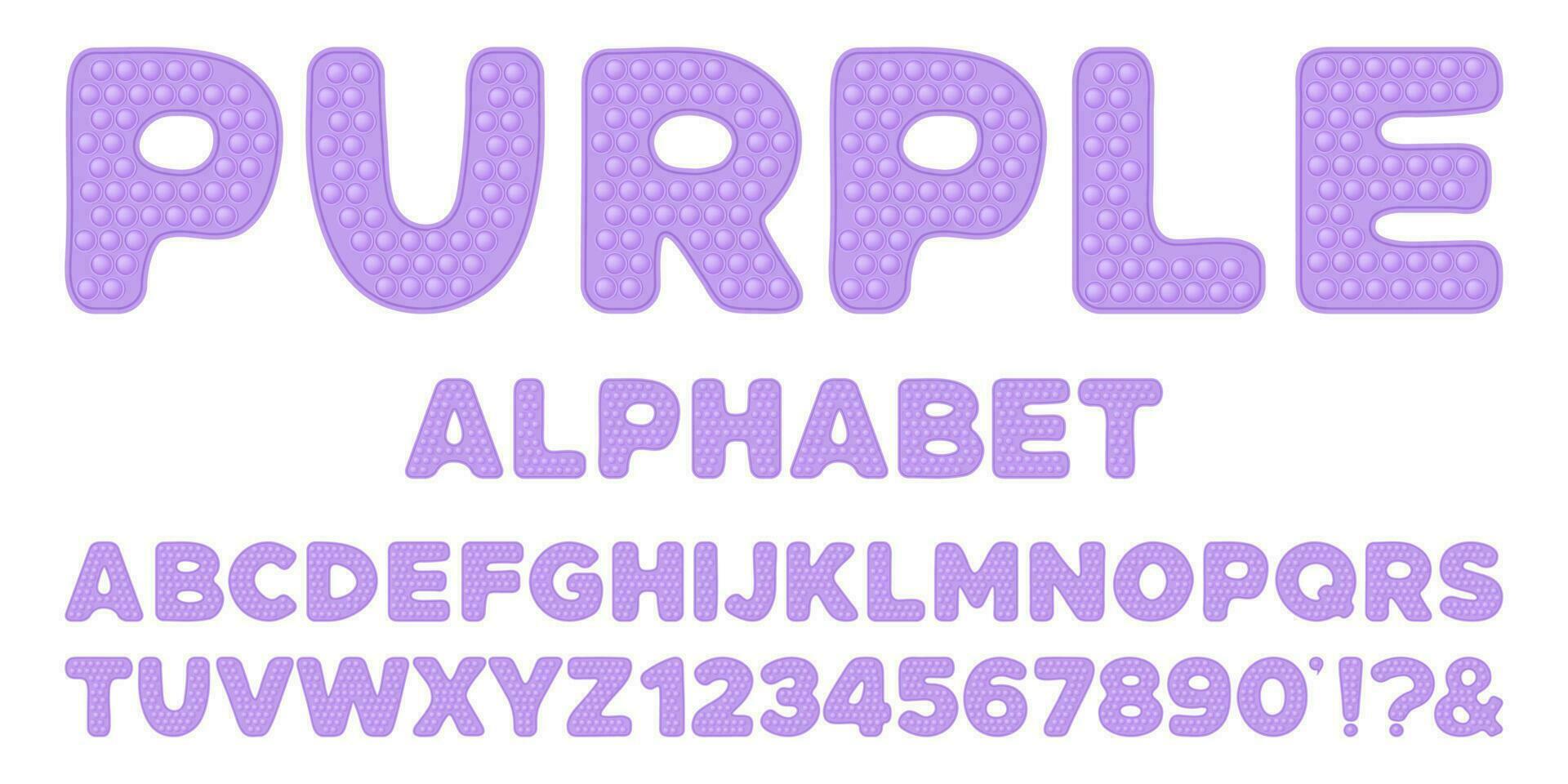 Popping toy font design - purple alphabet and numbers set in style of trendy silicon fidget toys in pastel colors. Bubble sensory letters. Isolated cartoon vector illustration.