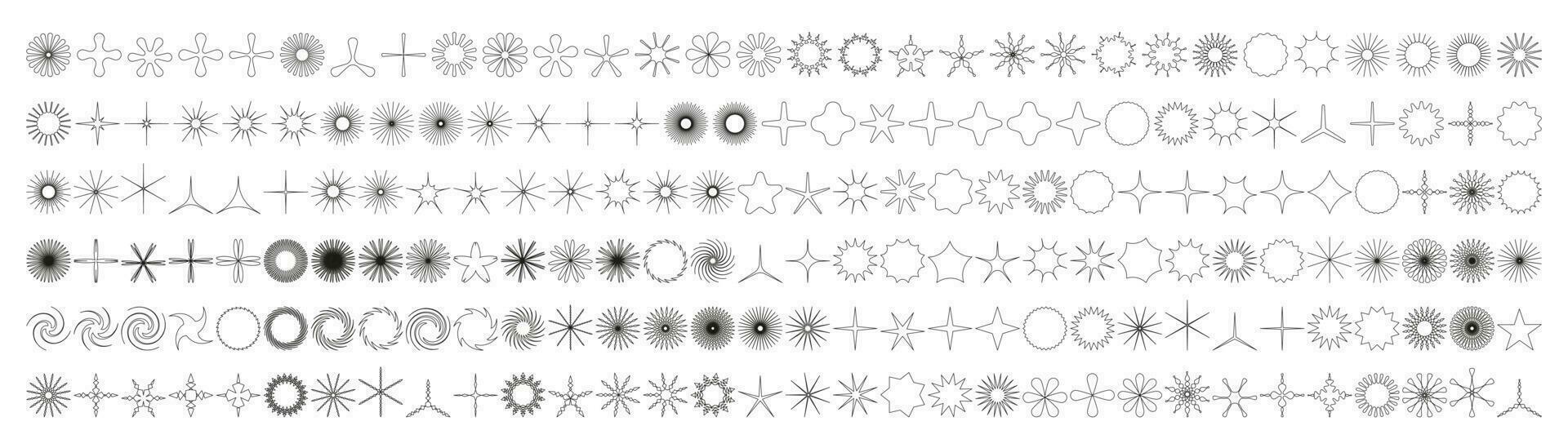 Simple minimalistic outline elements, abstract brutalist geometric shapes. Basic form Y2K figure flower, grain, crystal, snowflake,star, sparkle. Swiss element set. Minimal aesthetic modern vector. vector