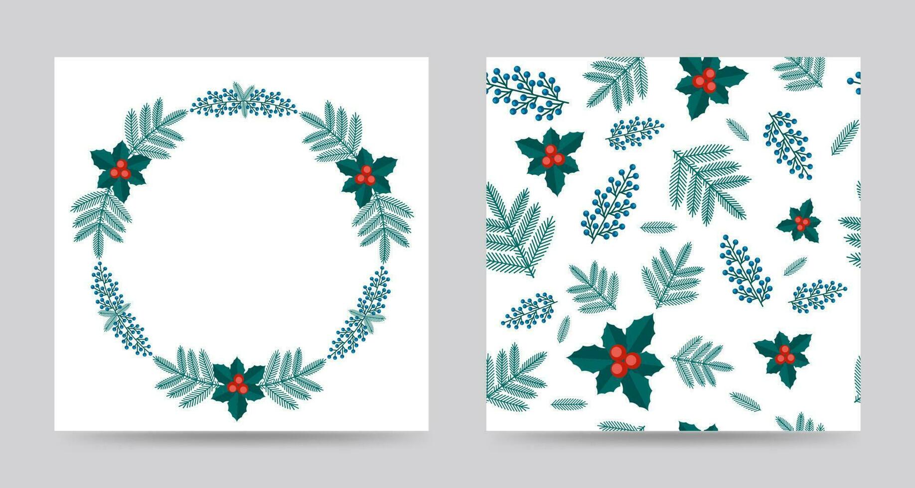 Merry Christmas greeting card and seamless pattern with winter plants wreath in the retro style. Stock vector illustrations with botanical symbols of holiday - pine, cone, branch, berry.