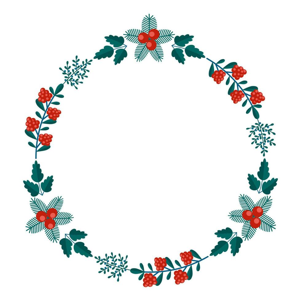Merry Christmas floral round frame with winter plants frame - wreath in flat style. Illustrations with botanical symbols of holiday - pine, leaves, cone, berry in red, green colors. vector