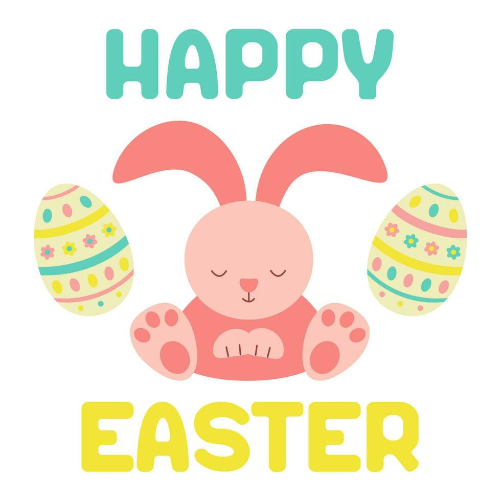 Happy Easter cute rabbit and Easter eggs isolated on white background. Postcard or banner in delicate colors-pink, blue, yellow. Square format, vector illustration in flat cartoon style