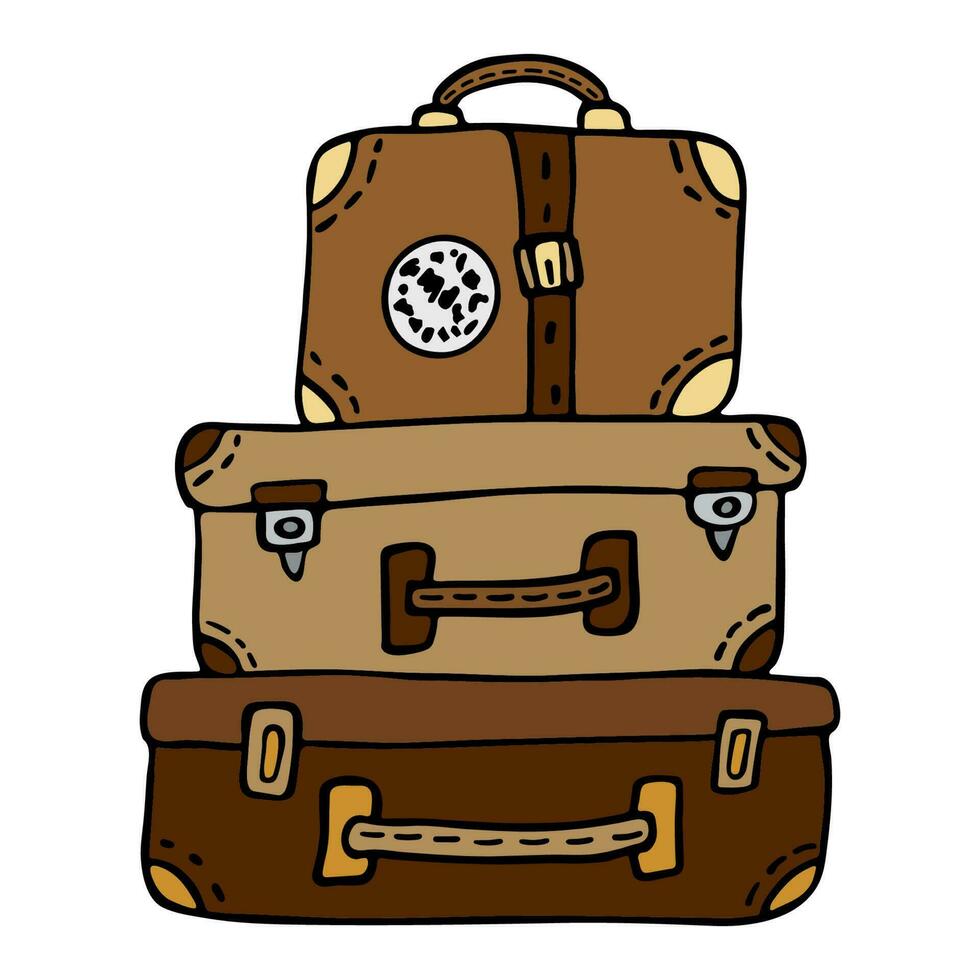 A stack of retro leather traveler suitcases with a sticker and straps, brown and red. Vector illustration in a cartoony style handdrawn on white background, icon, logo or clipart.