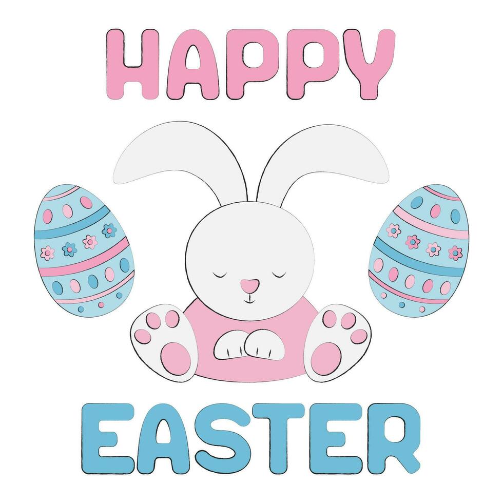 Happy Easter cute rabbit and Easter eggs isolated on white background. Postcard or banner in delicate colors-pink, blue, yellow. Square format, vector illustration in hand drawn doodle style
