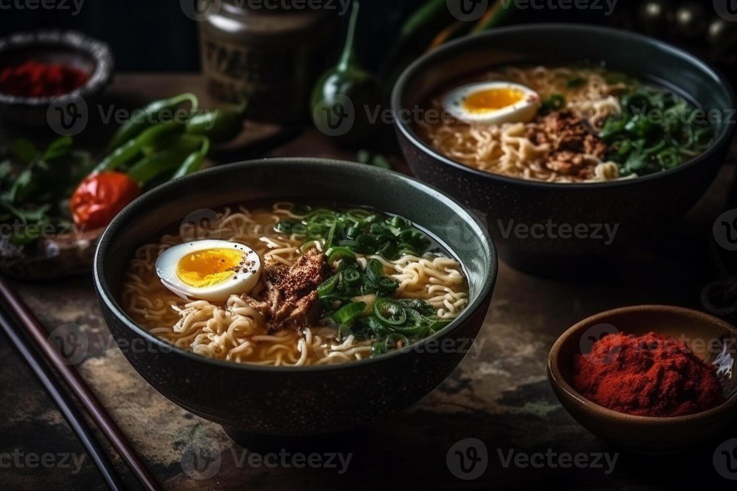 Two bowls of home made pork ramen decorated with chillies, shiitake, nori and scallions with a slate board. Top View. Copy Space photo