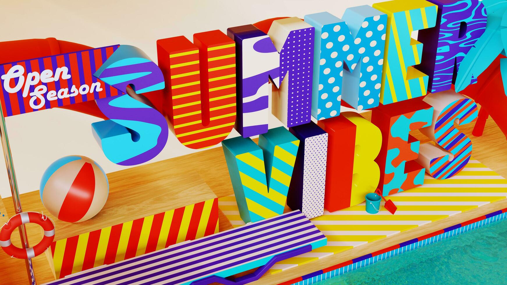 3d beatiful animation of a swimming pool with a water togoban, with summer vibes letters. Summer concept. photo