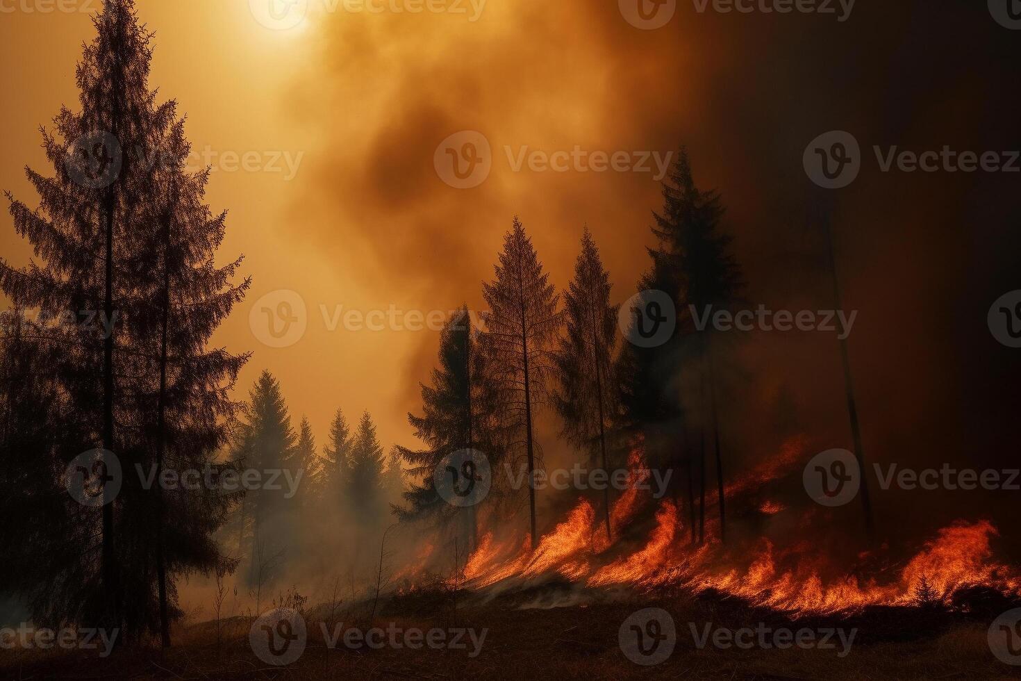 wildfire forest much smoke and fire, dramatic, climate disaster photo