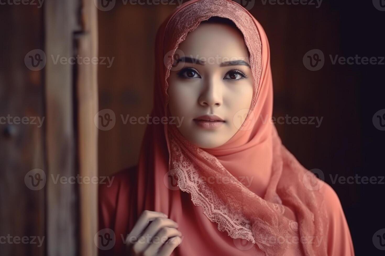 retrato de hermosa asiático musulmán mujer vistiendo tradicional ropa. ai generado. foto