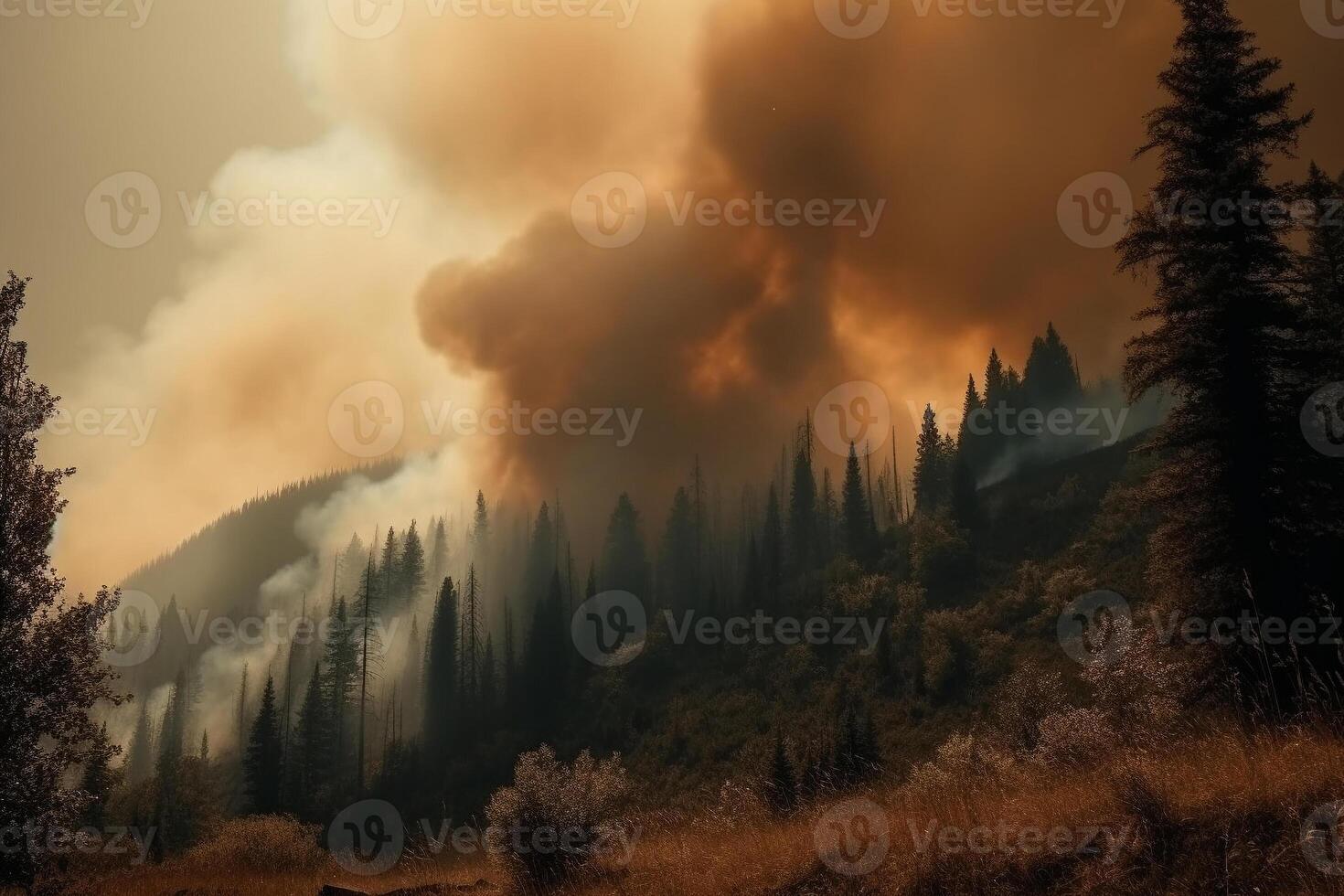 wildfire forest much smoke and fire, dramatic, climate disaster photo