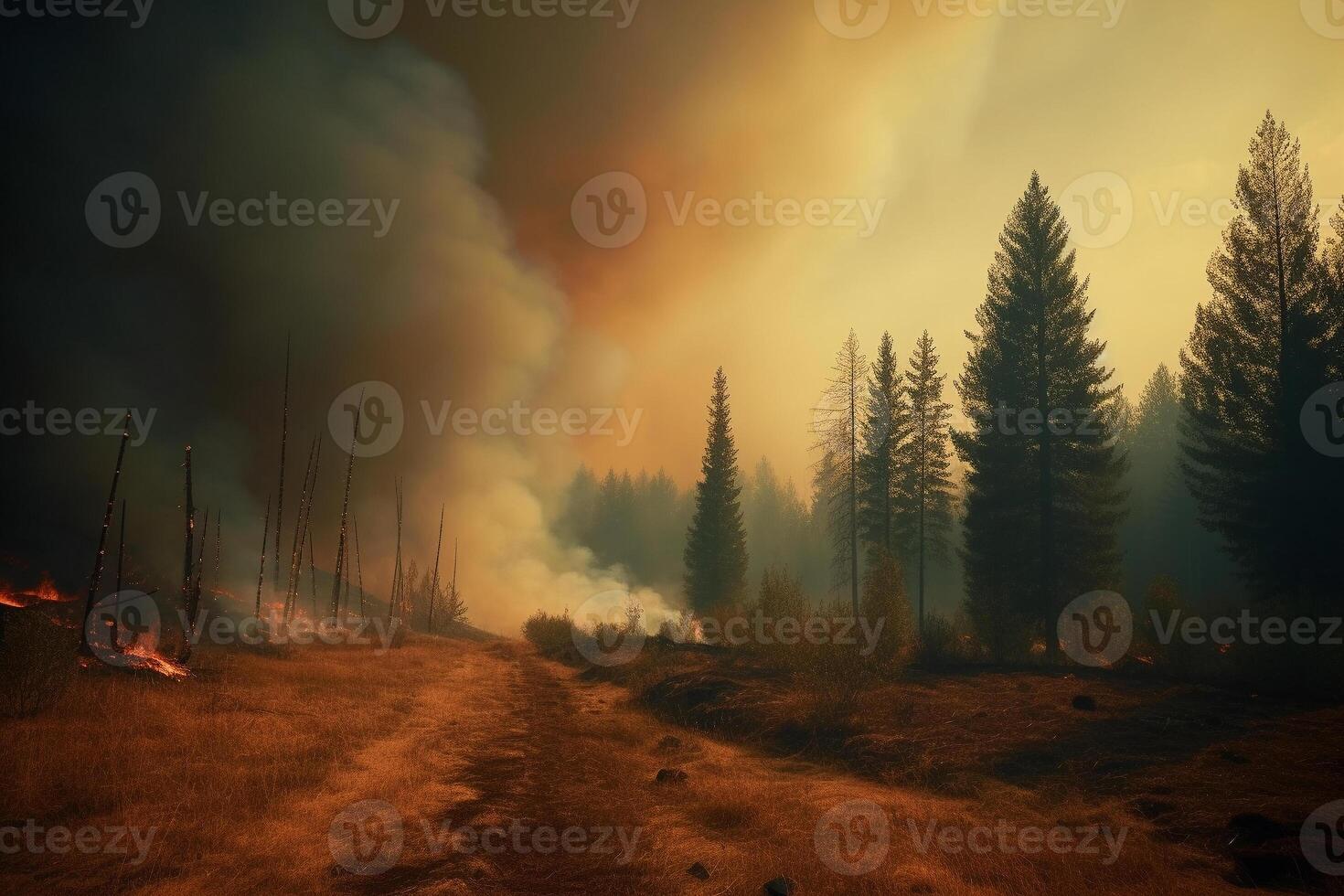 wildfire forest much smoke and fire, dramatic, climate disaster photo