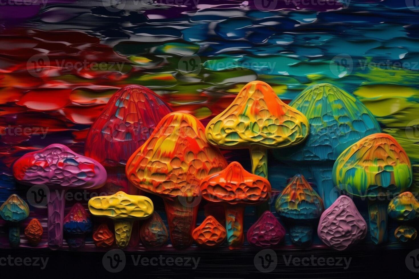 Groups of decorative mushrooms on black psychedelic concept photo