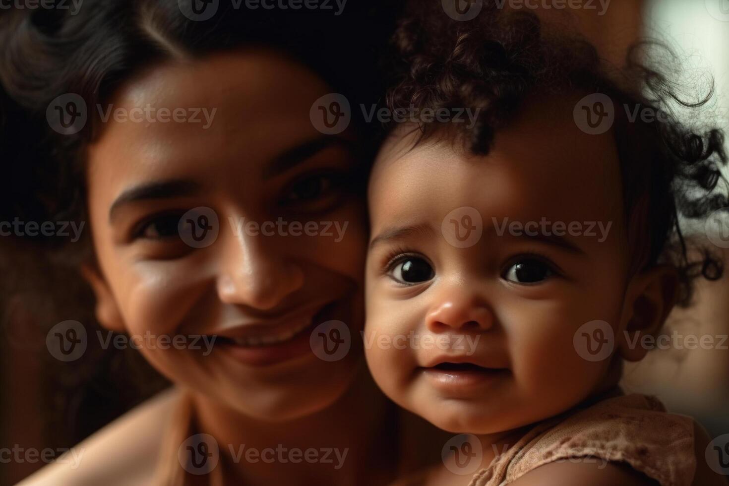 Happy smiling young Indian mother playing with black baby girl daughter. Family mixed race people mom and kid together hugging at home. Authentic candid lifestyle with infant kid child photo