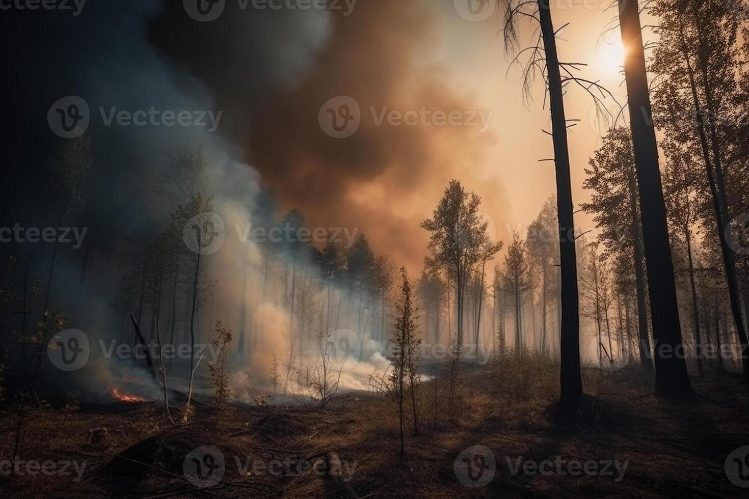 fuego fatuo bosque mucho fumar y fuego, dramático, clima desastre ai generado foto