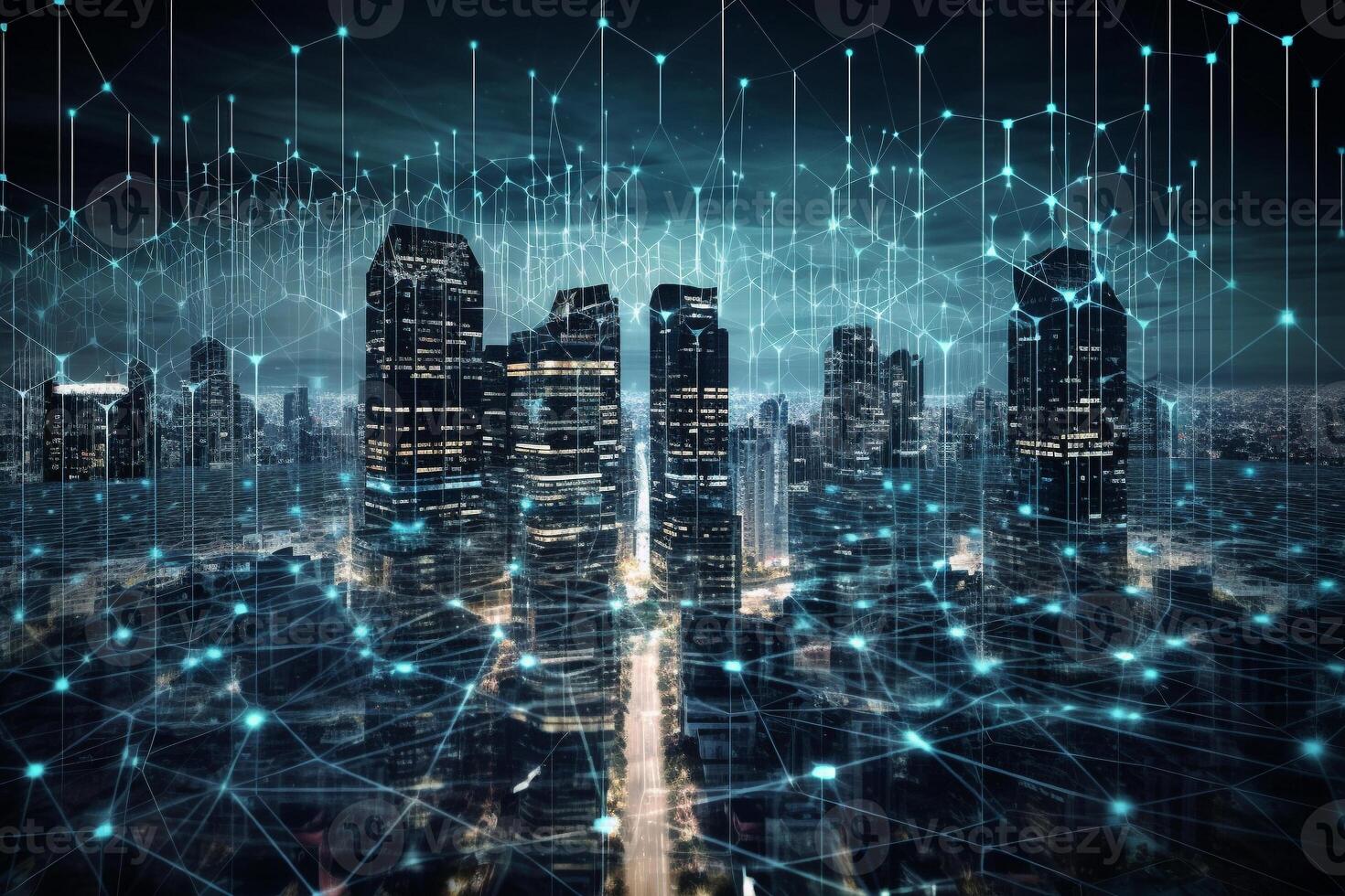 Smart city and big data network connection. capital large business district skyscrapers with abstract dots connect in complex undulating pattern Concept of modern technology and business photo