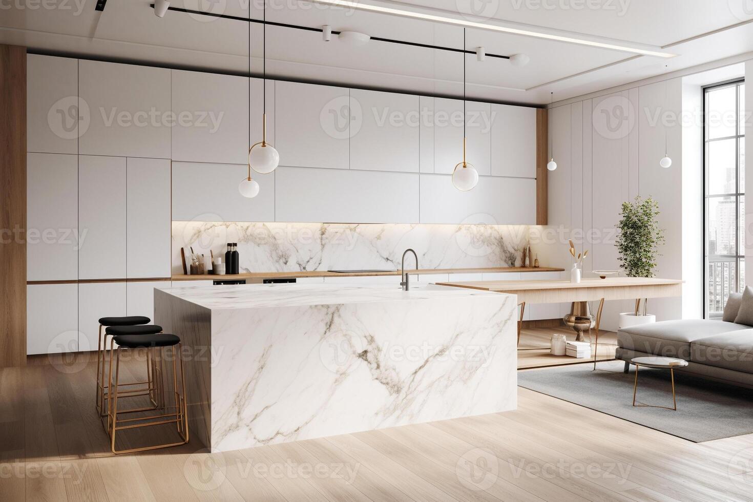 moderno blanco minimalista interior diseño con cocina sofá, de madera piso, pared  paneles y mármol cocina isla. 3d hacer ilustración ai generado 23966376  Foto de stock en Vecteezy