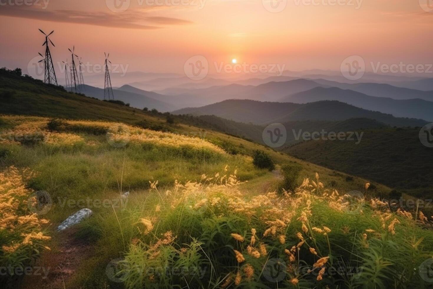 Wind generators turbines at sunset photo