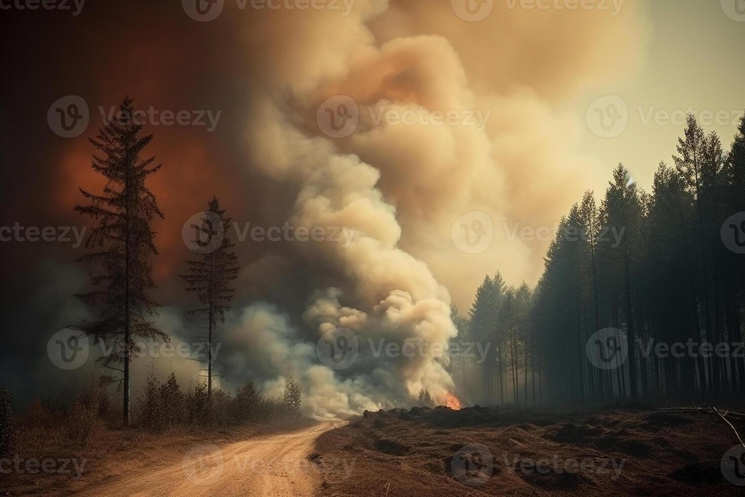 wildfire forest much smoke and fire, dramatic, climate disaster photo