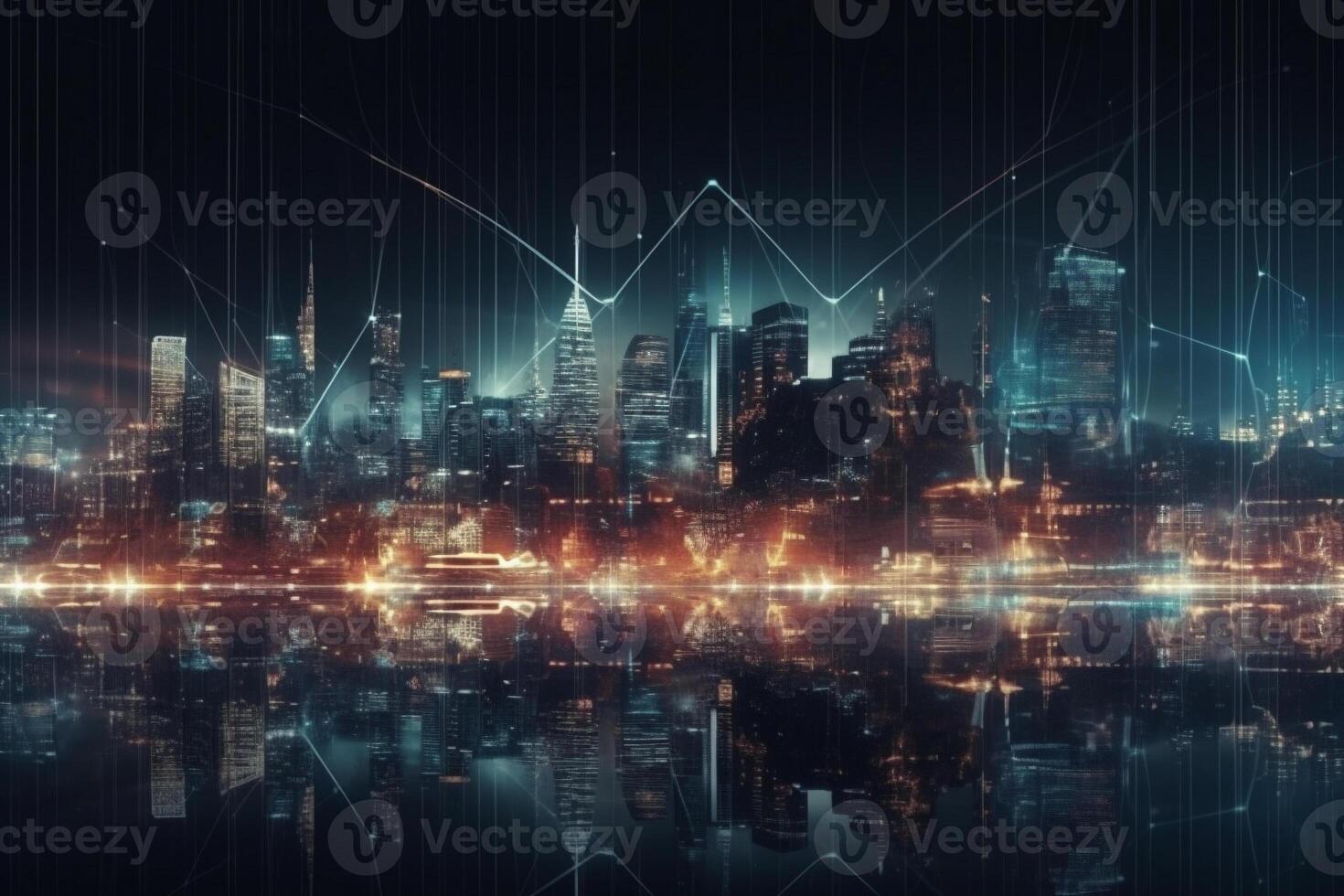 Smart city and big data network connection. capital large business district skyscrapers with abstract dots connect in complex undulating pattern Concept of modern technology and business photo