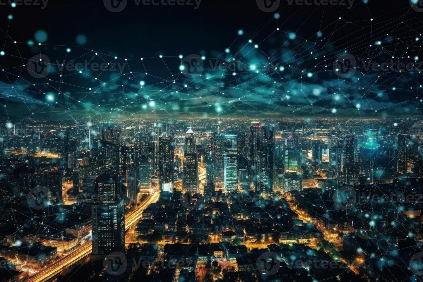 Smart city and big data network connection. capital large business district skyscrapers with abstract dots connect in complex undulating pattern Concept of modern technology and business photo