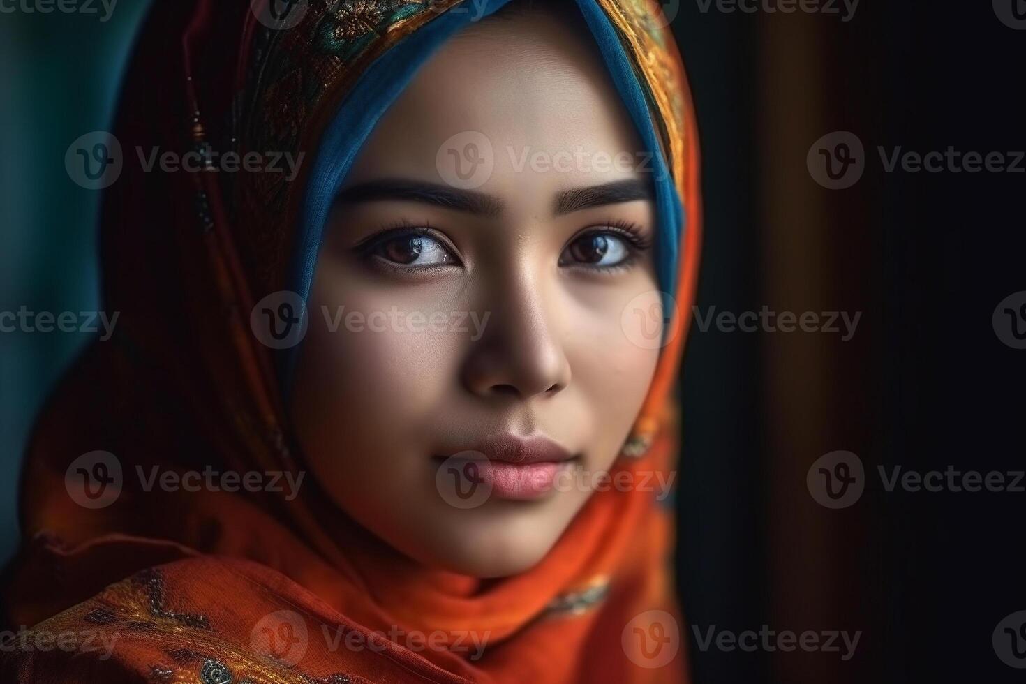 retrato de hermosa asiático musulmán mujer vistiendo tradicional ropa. ai generado. foto