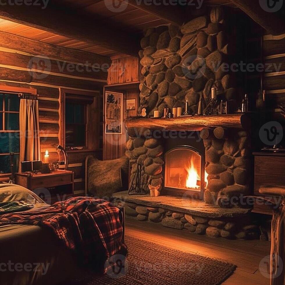 cozy cabin with a fireplace with wooden furniture photo