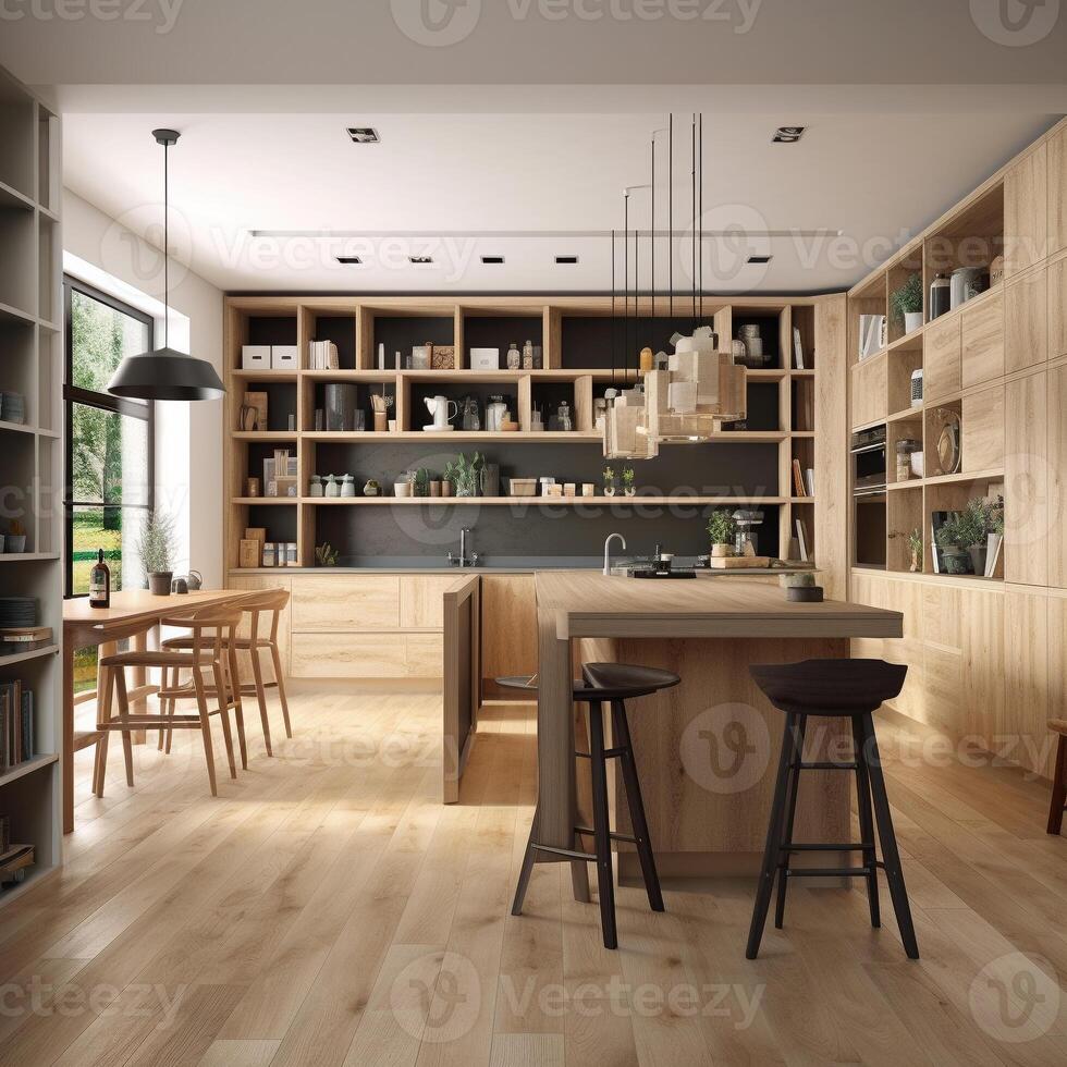 moderno blanco minimalista interior diseño con cocina sofá, de madera piso, pared  paneles y mármol cocina isla. 3d hacer ilustración ai generado 23966815  Foto de stock en Vecteezy