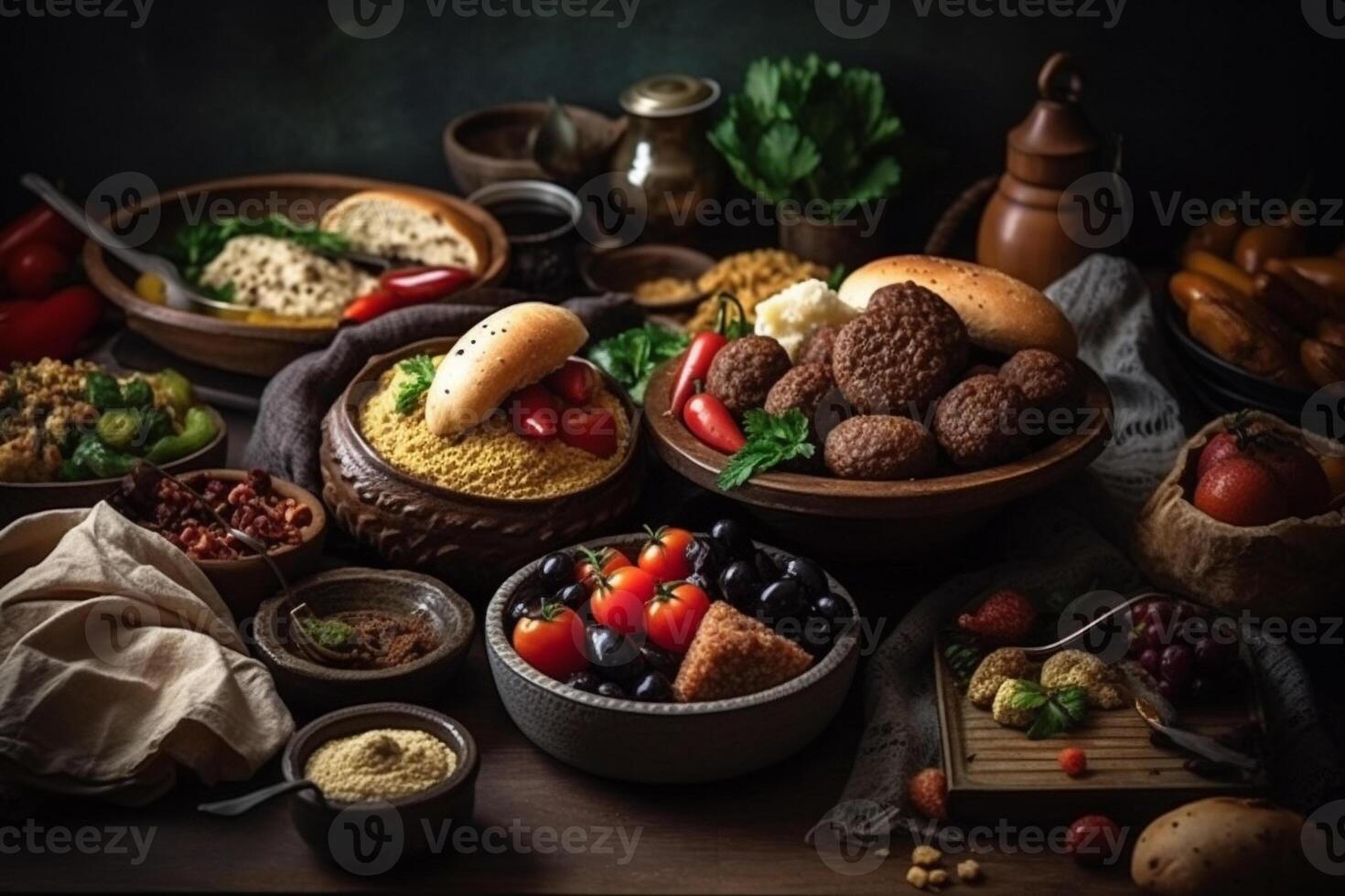 Middle Eastern or Arabic dishes and assorted meze on a dark background. Meat kebab, falafel, baba ghanoush, hummus, rice with vegetables, tahini, kibbeh, pita. Halal food. Space for text. photo