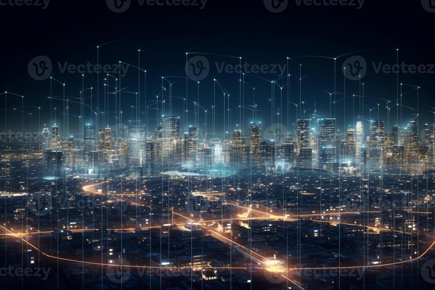 Smart city and big data network connection. capital large business district skyscrapers with abstract dots connect in complex undulating pattern Concept of modern technology and business photo