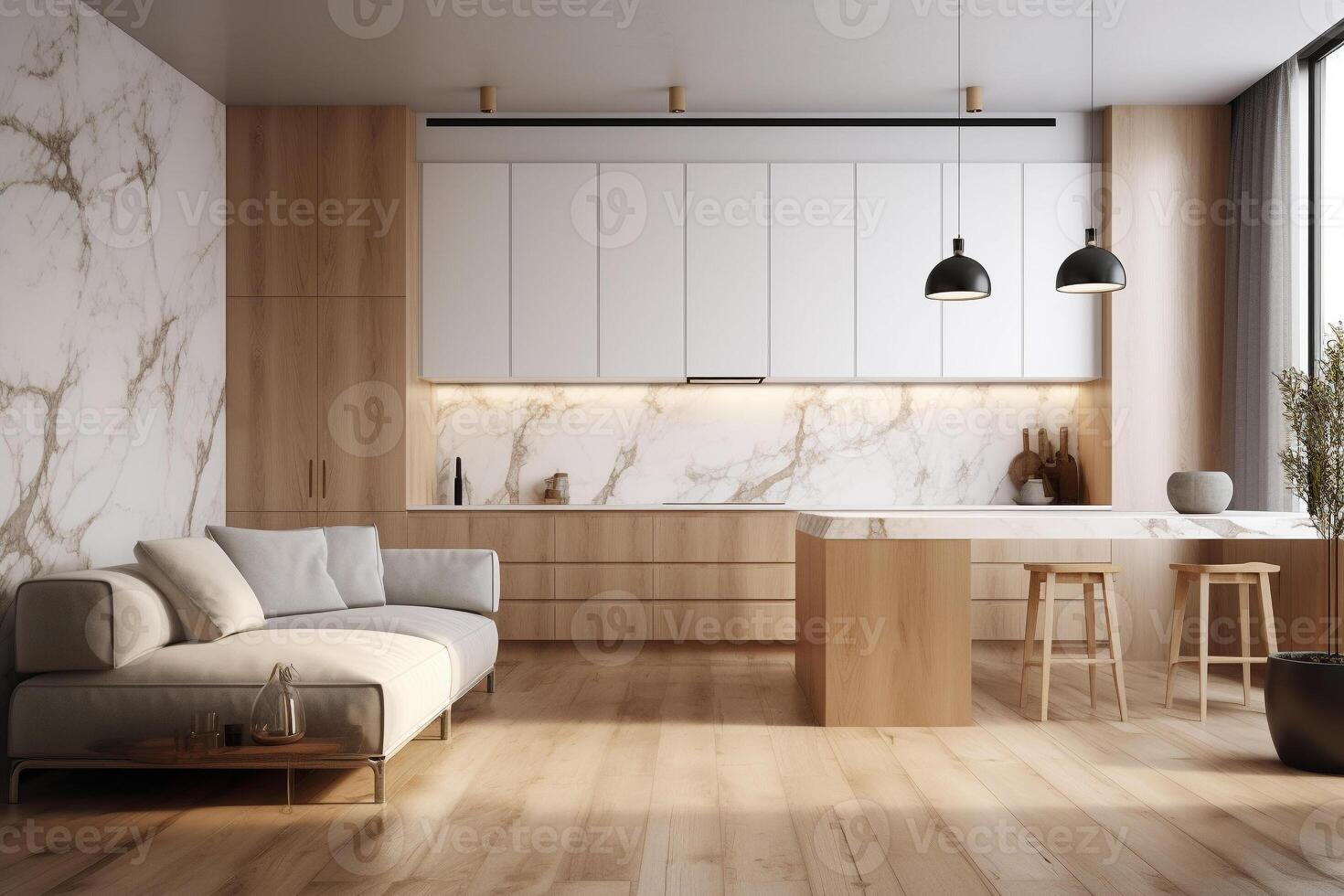 moderno blanco minimalista interior diseño con cocina sofá, de madera piso, pared  paneles y mármol cocina isla. 3d hacer ilustración ai generado 23966815  Foto de stock en Vecteezy