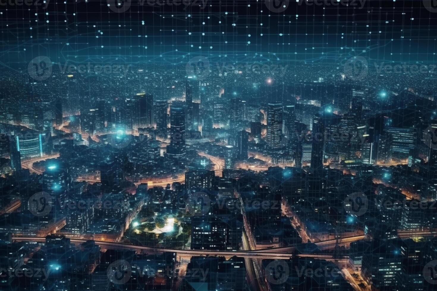 Smart city and big data network connection. capital large business district skyscrapers with abstract dots connect in complex undulating pattern Concept of modern technology and business photo