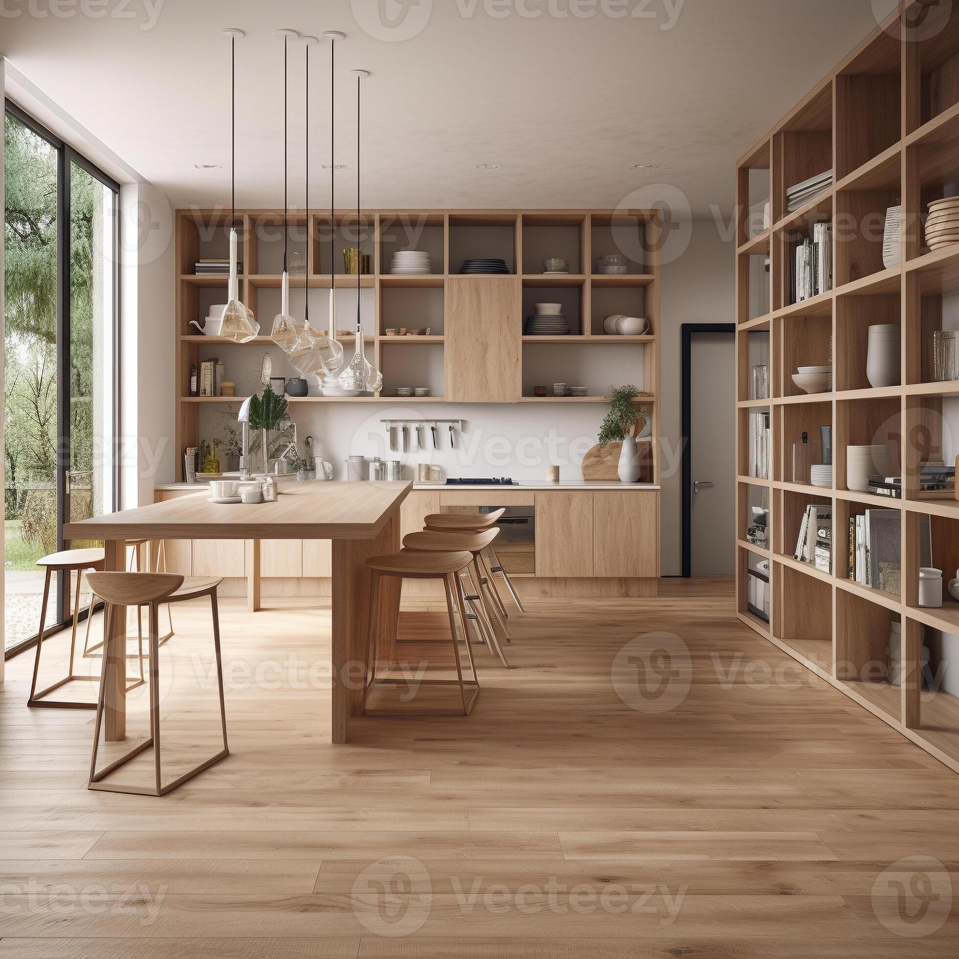 Modern white minimalist interior design with kitchen sofa, wooden floor, wall panels and marble