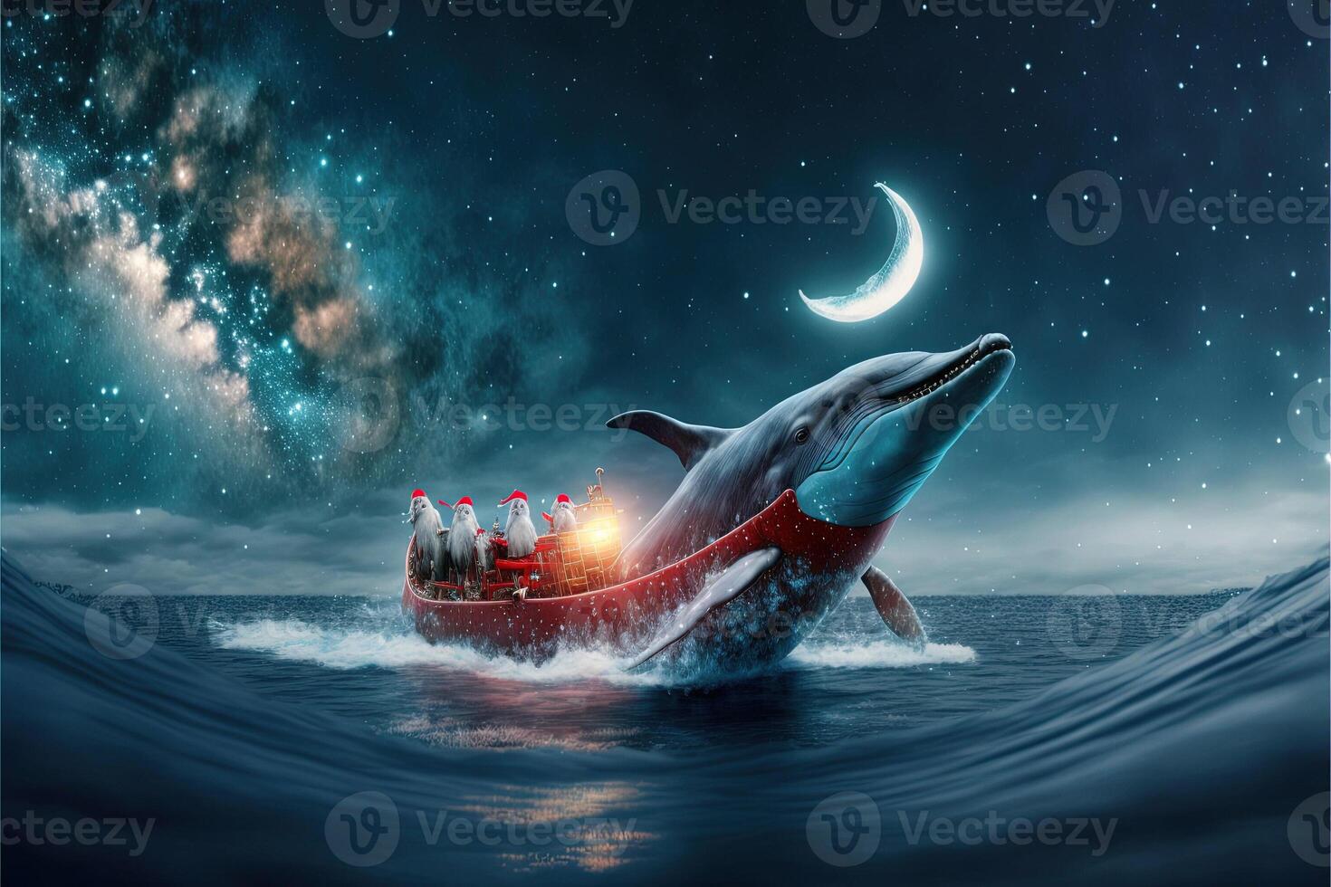 santa claus sleigh being pulled by a christmas dolphin photo