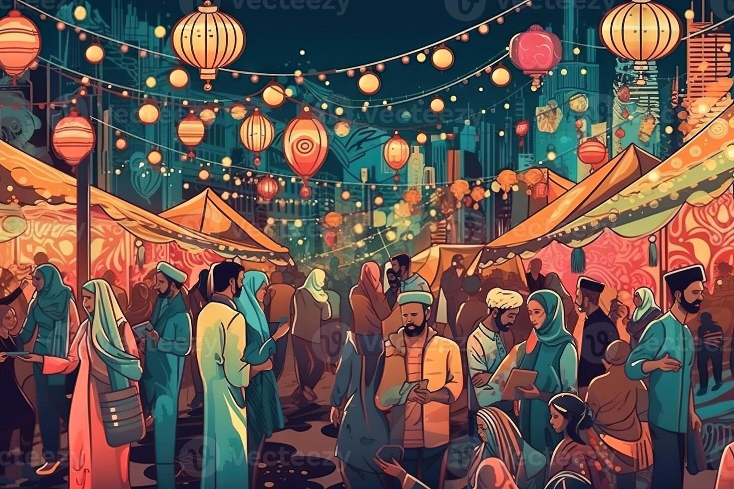 Ramadan Kareem street festival, with colorful lights, music, and people of all ages gathering to celebrate together, manga style illustration photo