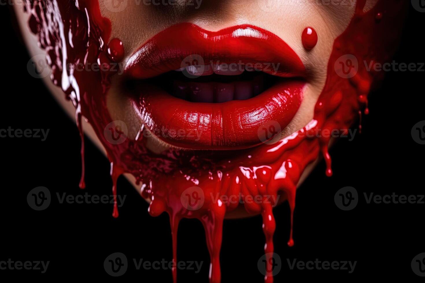 Lipstick red paint dripping lipgloss drops on lips of beautiful woman mouth illustration photo