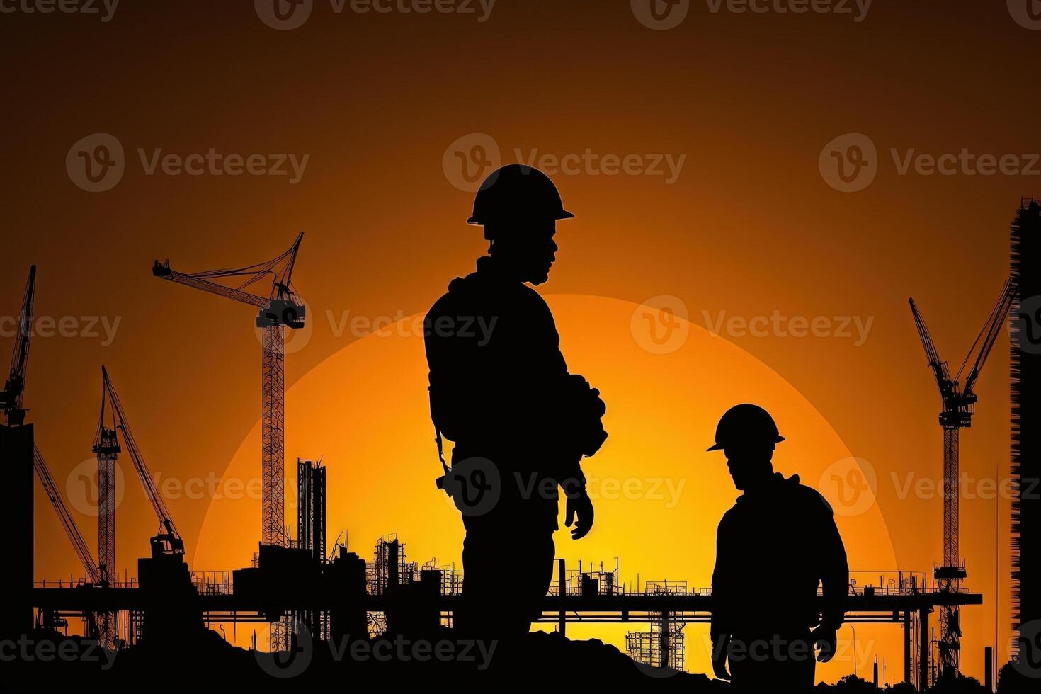 engineer silhouette controlling construction site at sunset supervising progress of project stand on new factory illustration photo