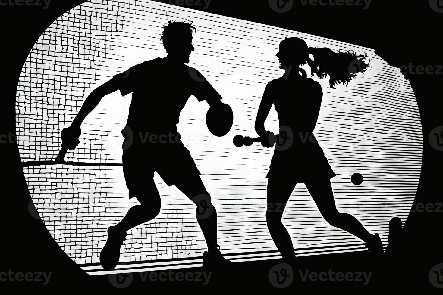 silueta contorno de un hombre y mujer jugando pickleball ilustración generativo ai foto