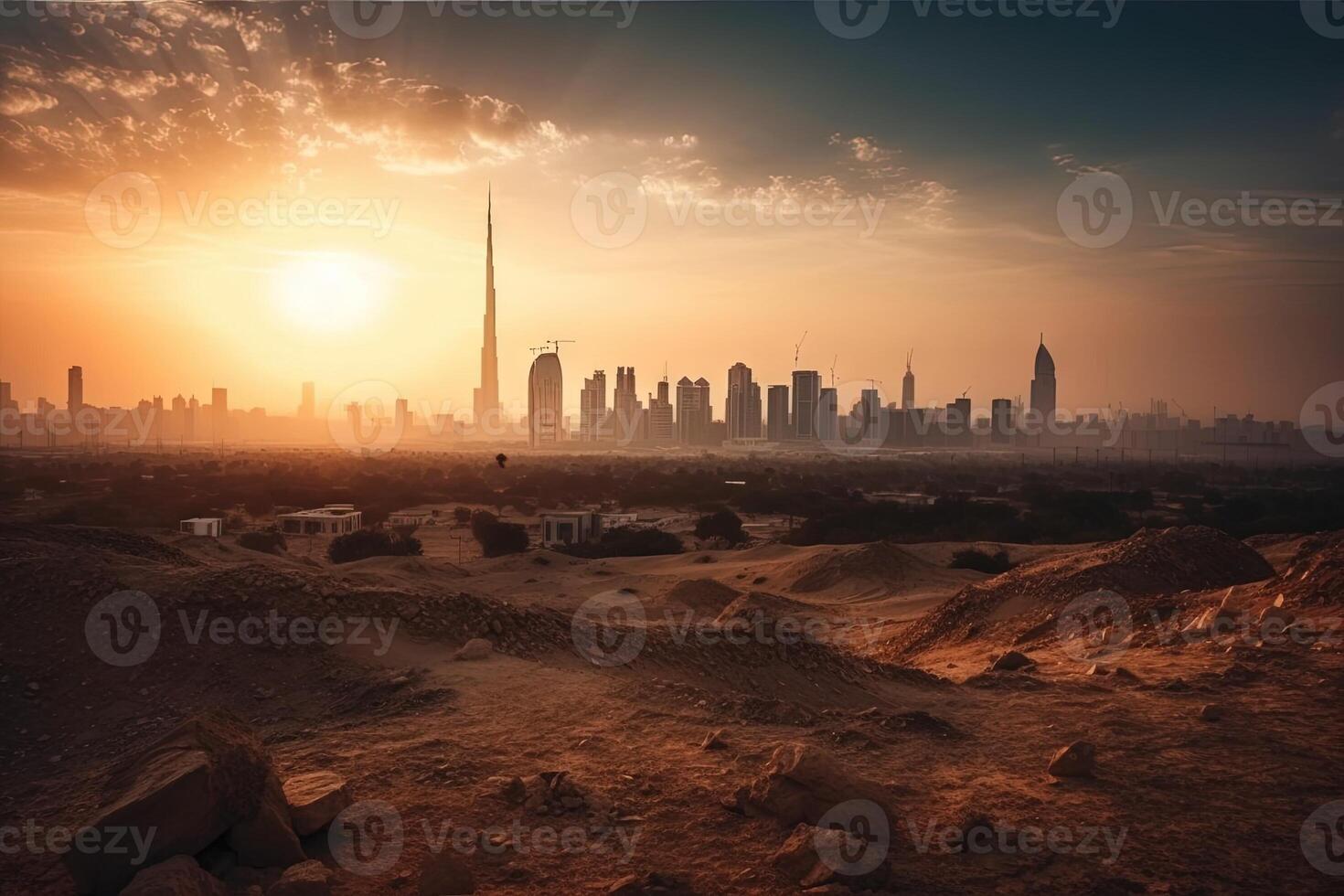 Dubai skyline in desert at sunset illustration photo