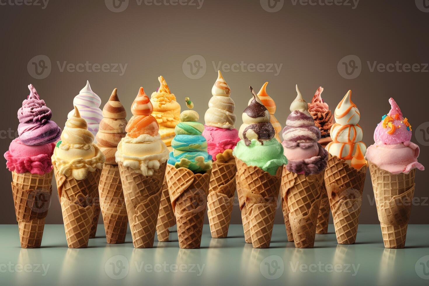 Set of ice cream cones with different flavors illustration photo