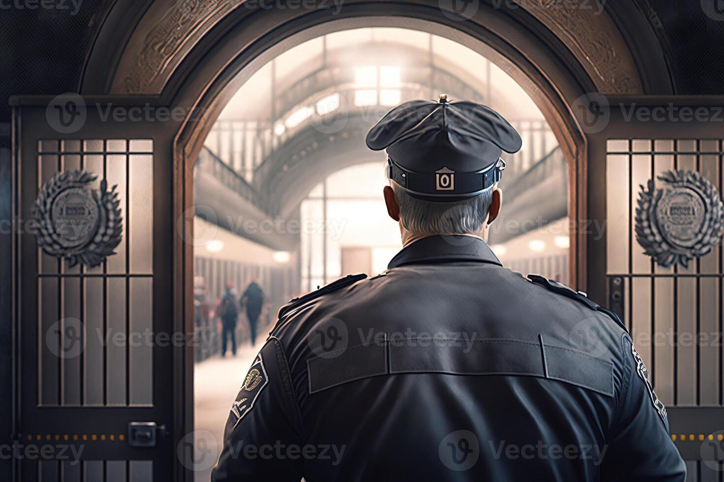 Security guard controlling indoor entrance gate view from the back detail of gun illustration photo