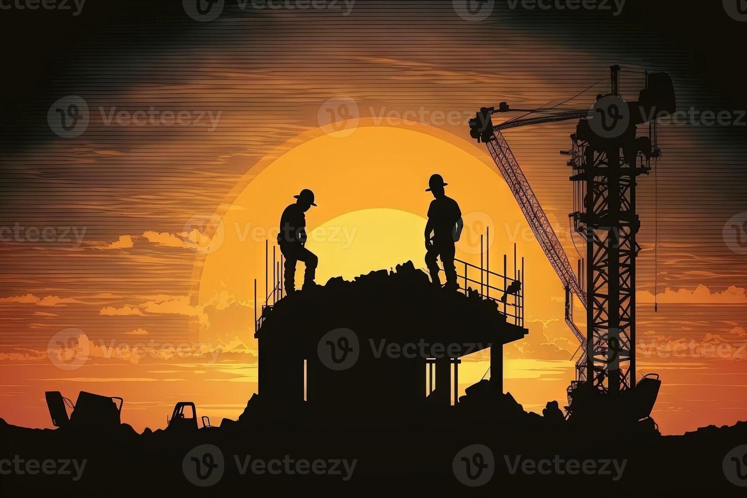 engineer silhouette controlling construction site at sunset supervising progress of project stand on new factory illustration photo