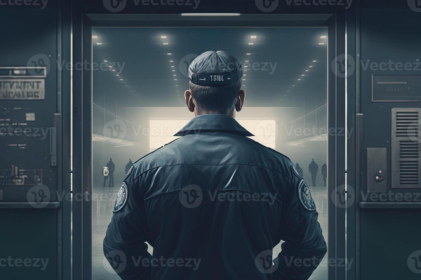 Security guard controlling indoor entrance gate view from the back detail of gun illustration photo