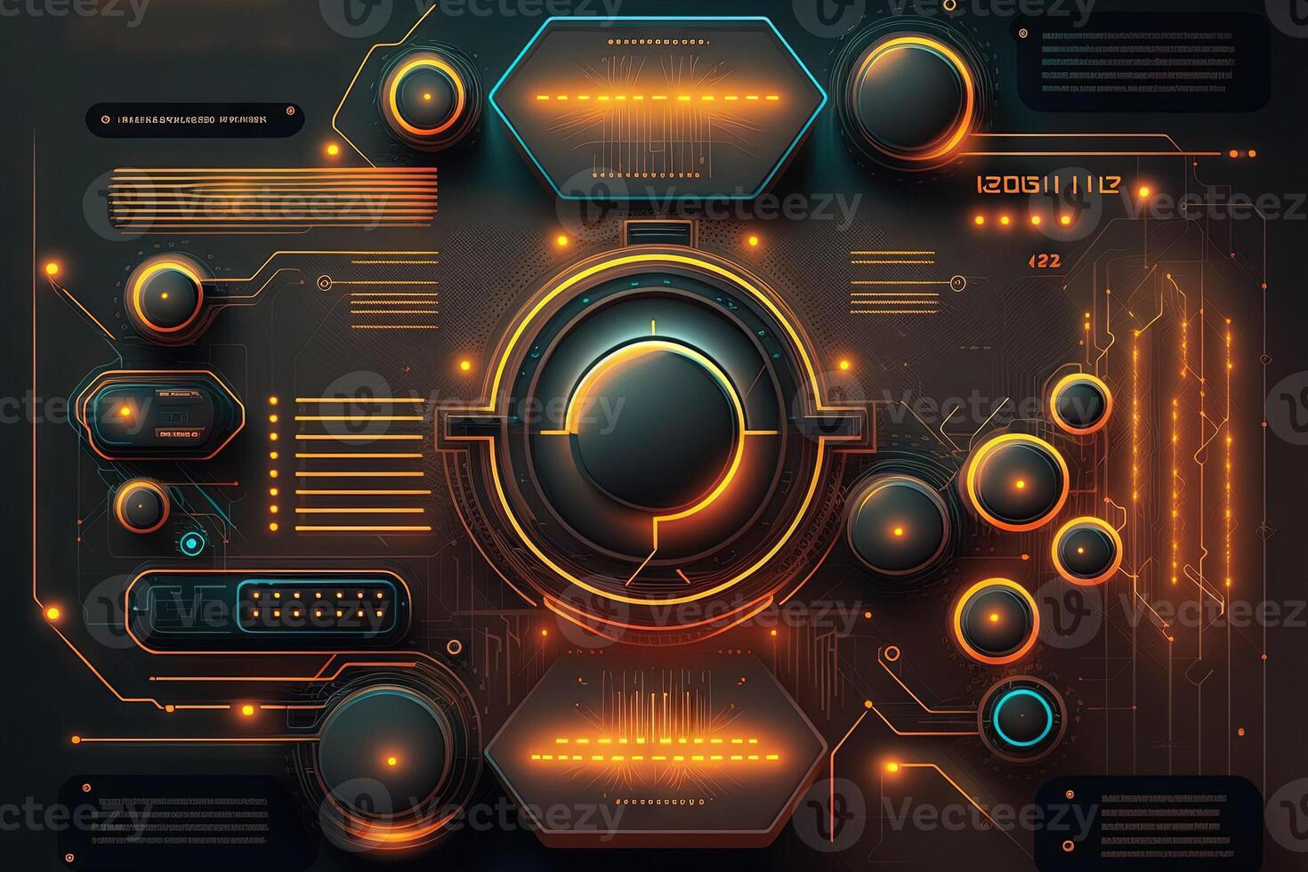 digital futuristic circuit technology, 3d abstract sci-fi user interface concept with blurred dots and lines. artificial intelligence illustration photo