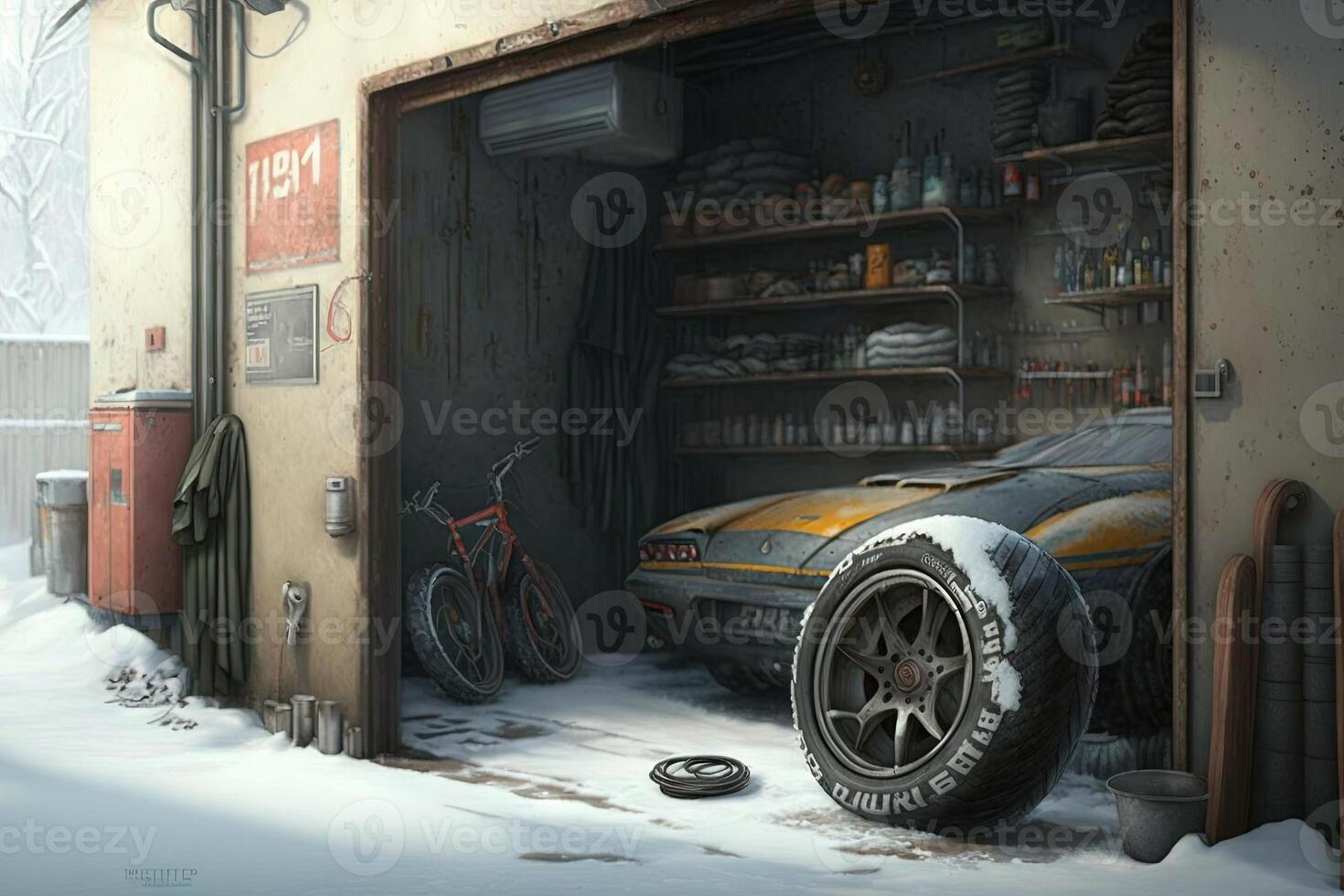 big tire in a garage, WINTER COLD AND SNOW OUTSIDE illustration photo