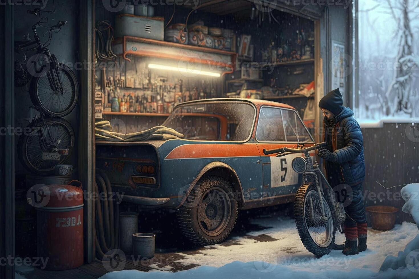 big tire in a garage, WINTER COLD AND SNOW OUTSIDE illustration photo