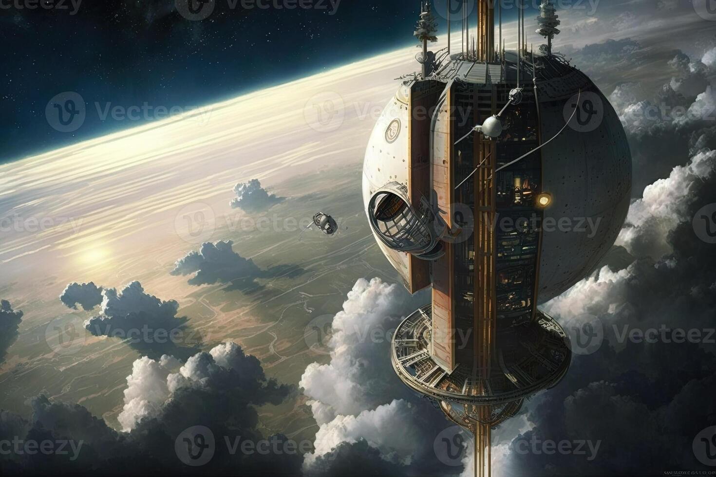 Space Elevator transportation system of the future that uses a cable extending from the Earth's surface to a platform in space, allowing for easy and efficient travel illustration photo
