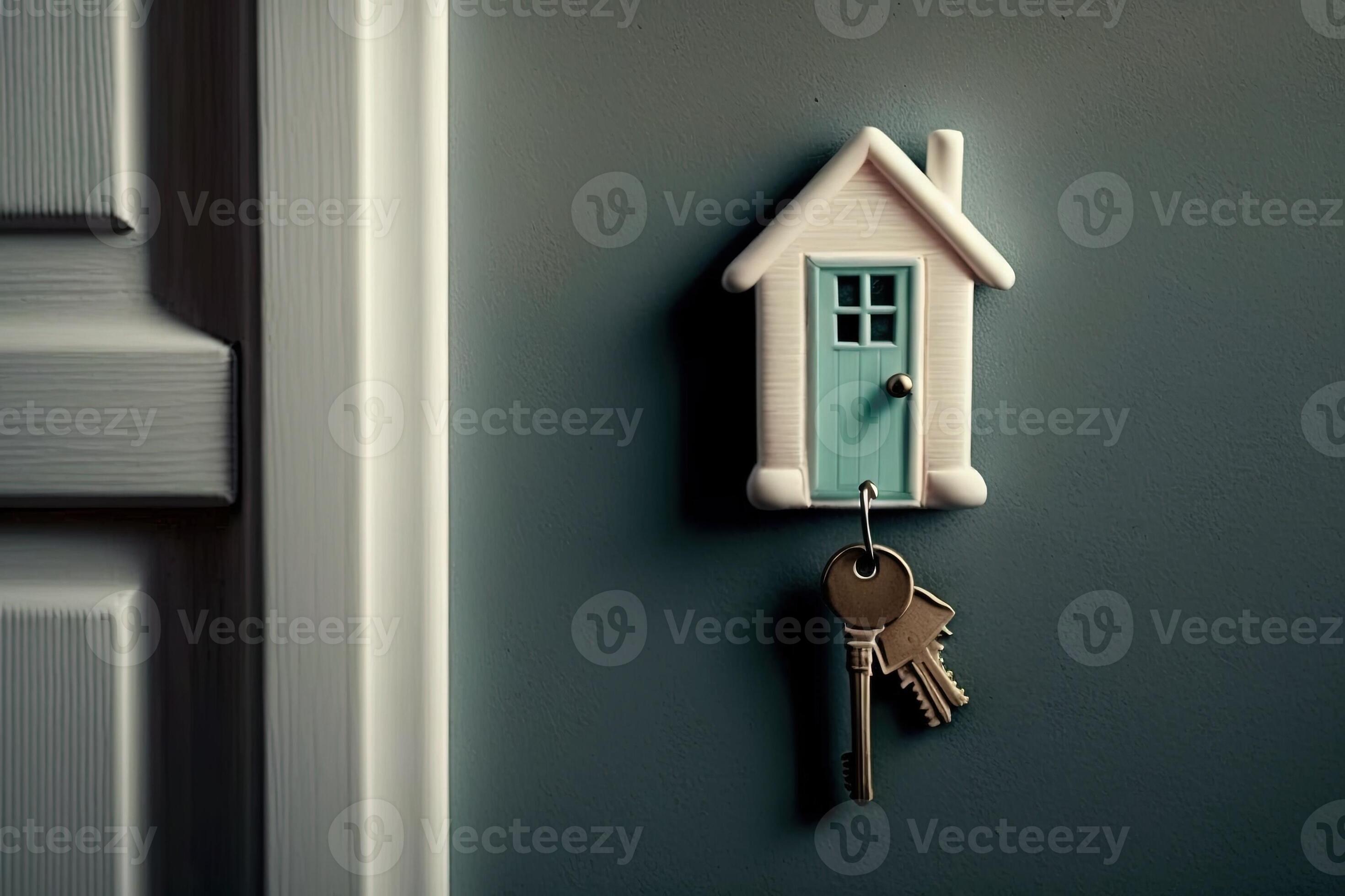 The home key with house keyring in the door keyhole property and new home concept illustration