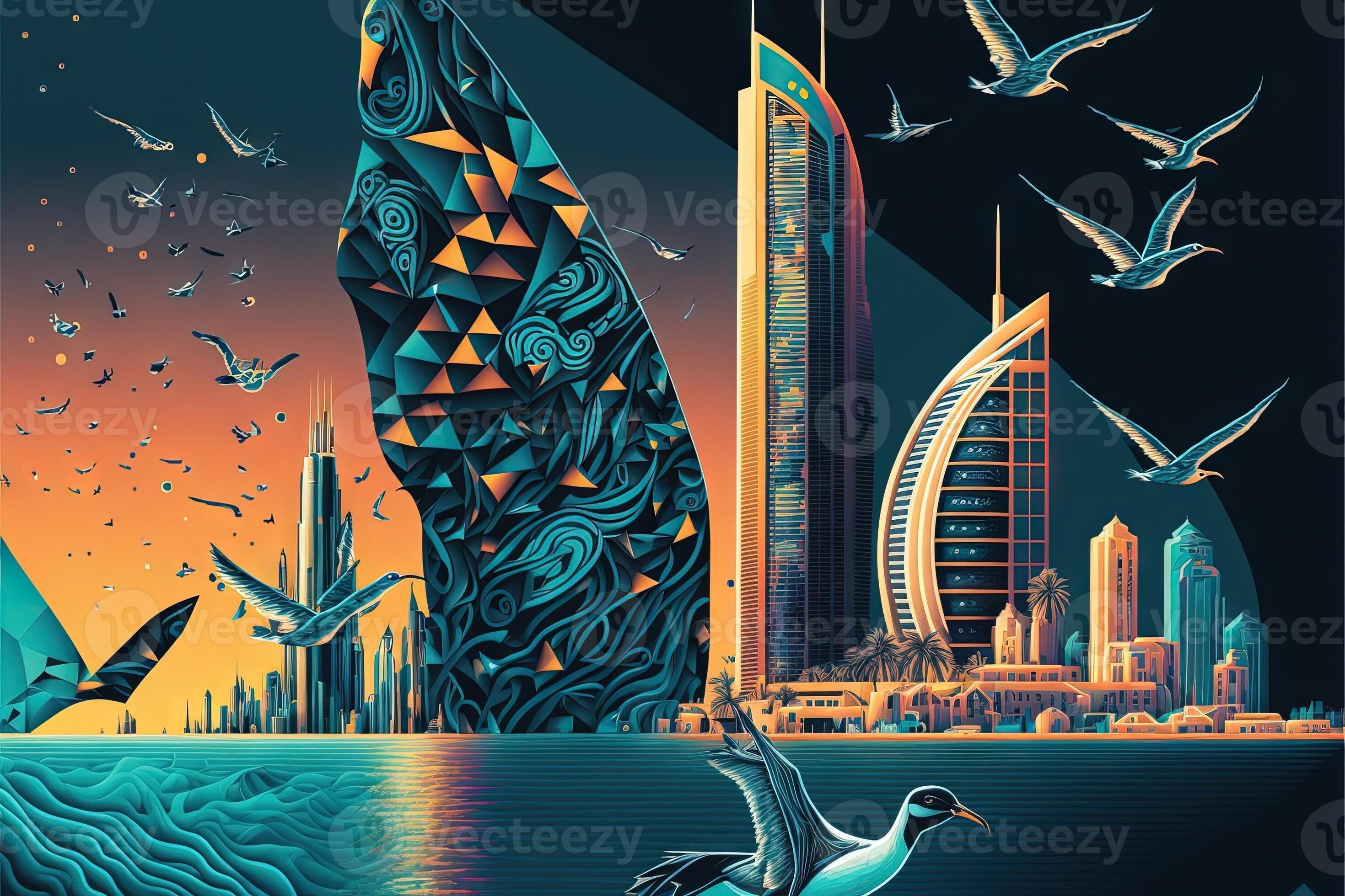 Dubai abstract skyline as the future of crypto community Illustration